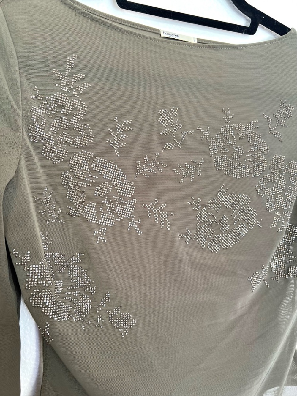 House of CB Angelique olive green sheer crystallized top Long-Sleeve - Picture 7 of 10